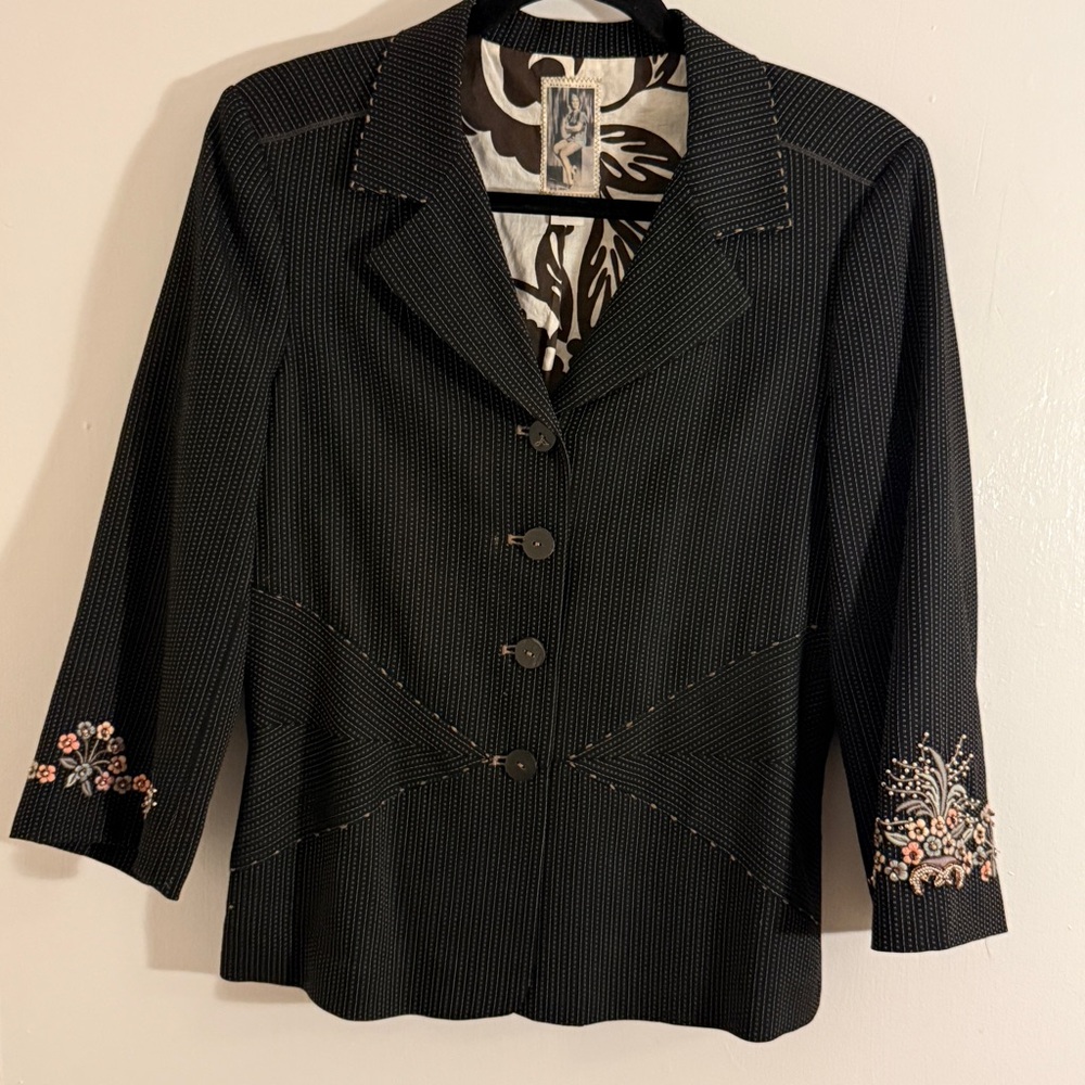 Burning Torch Black Pinstripe Blazer with Embroidered Floral Cuffs